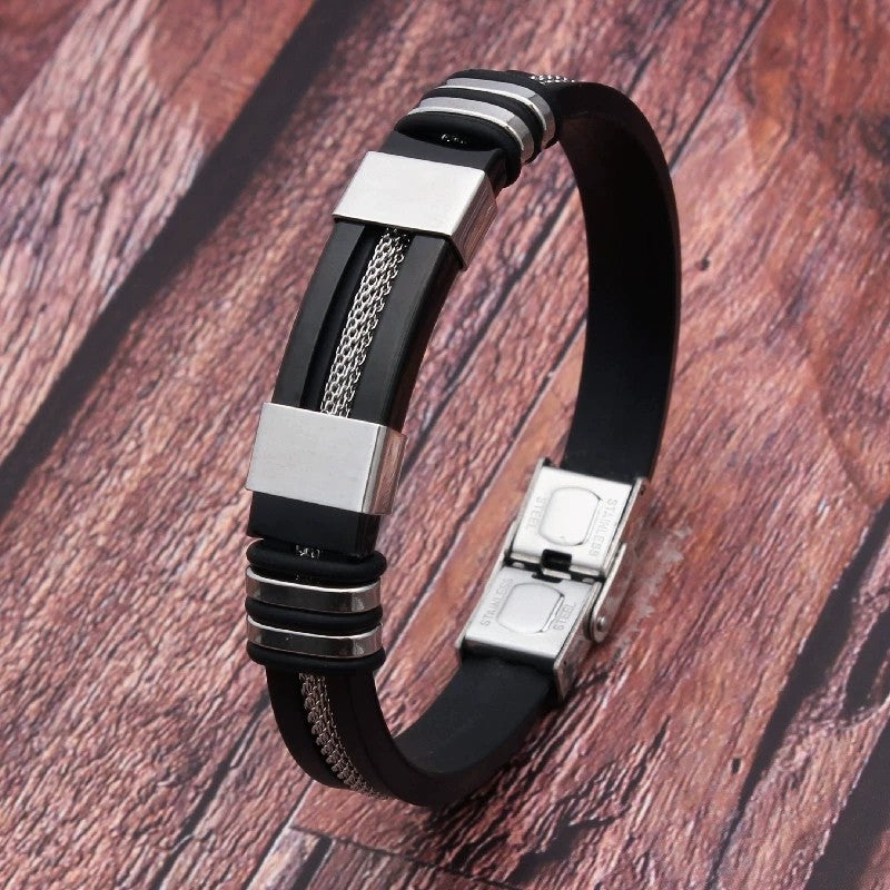 Pulseira Masculina de Couro, Silicone e Aço Inoxidável Esportiva Corrente de Mão Acessórios de Joias Presente Masculino