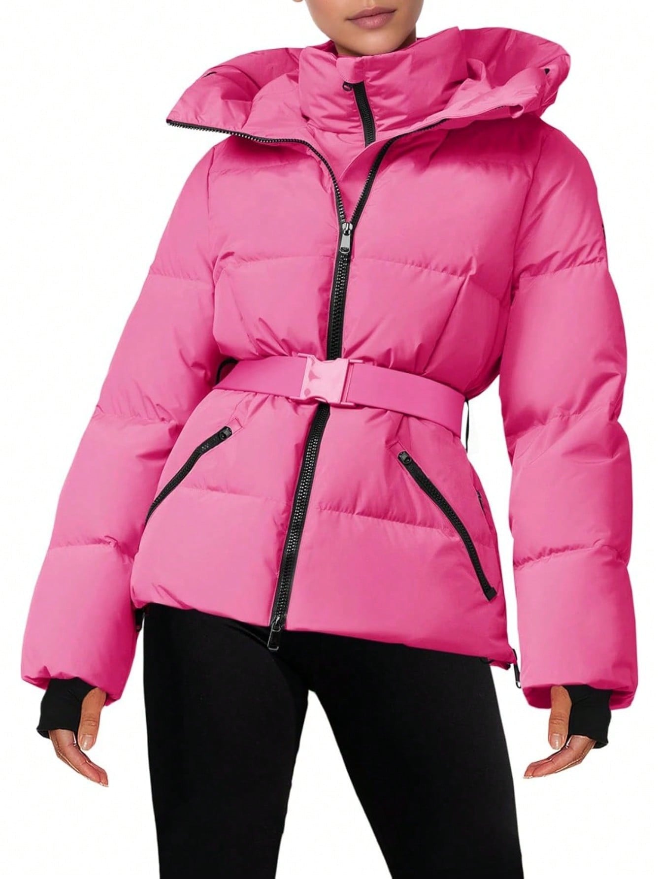 Fisoew women's Belted Puffer Jacket, Women's Waterproof Ski Coat With Hood, Quilted Winter Snowsuit Aesthetic