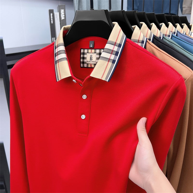 Luxury brand long sleeve polo shirt men comfortable casual autumn item silk cotton high-end Korean fashion plaid lapel T-shirt