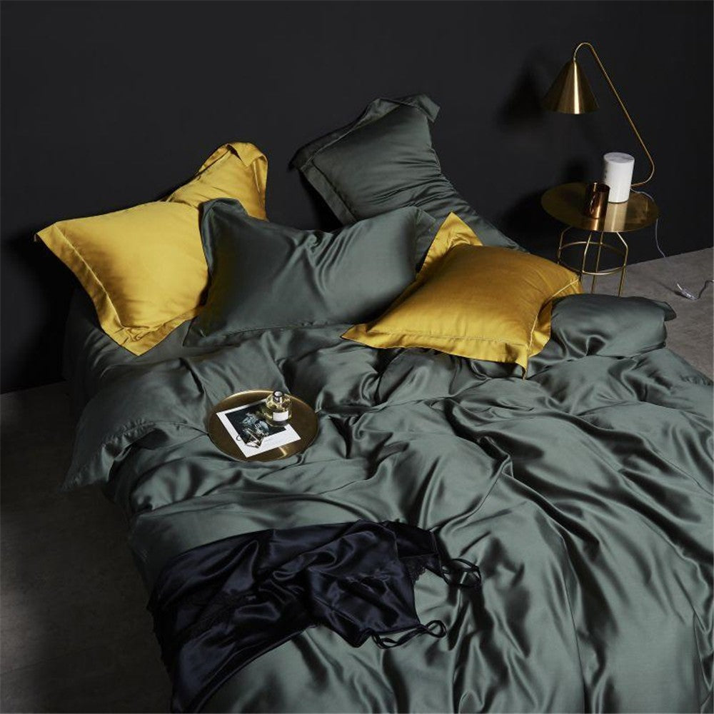 Lofuka Top Grade 100% Silk Green Bedding Set Queen King Silky Sexy Honeymoon Duvet Cover Bed Linen Flat Sheet Pillowcase