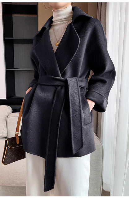 Autumn New Short Double-sided Cashmere Water Ripple Coat Women Turn-down Collar Loose Tempeament Warm Casual wool Jacket Female
