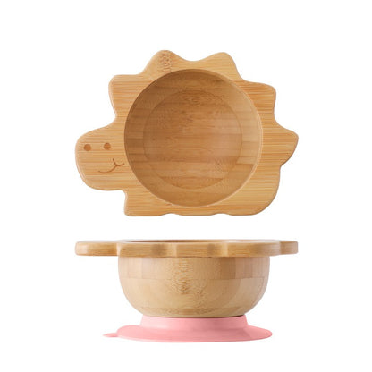 Baby Wooden Tableware Set Could Bamboo Wooden Plate Bowl Silicone Suction Wooden Handle Fork Spoon for Children Feeding Supplies