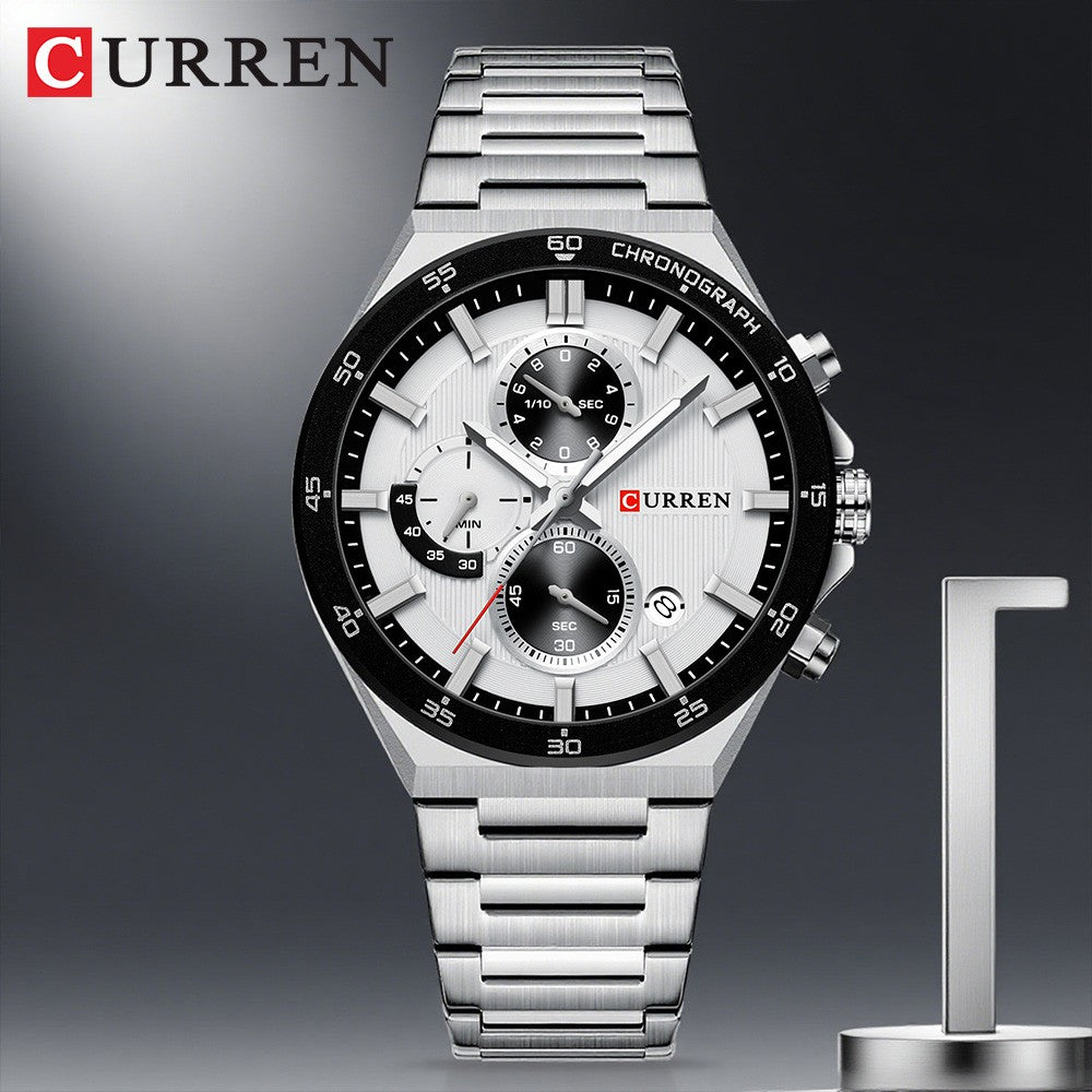 CURREN Classic 43mm Men's Watch Chronogrph Quartz Wristwatch with Stainless Steel Band Luminous Hands Auto Date