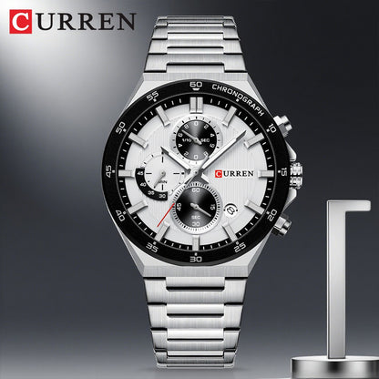 CURREN Classic 43mm Men's Watch Chronogrph Quartz Wristwatch with Stainless Steel Band Luminous Hands Auto Date