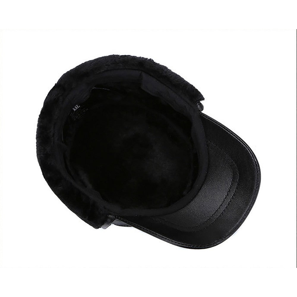 2025 New Style Men Ear Flap Genuine Leather Hat Winter Vintage Baseball Caps Thicken Warmer Flat Hats Fashion Real sheepskin Cap