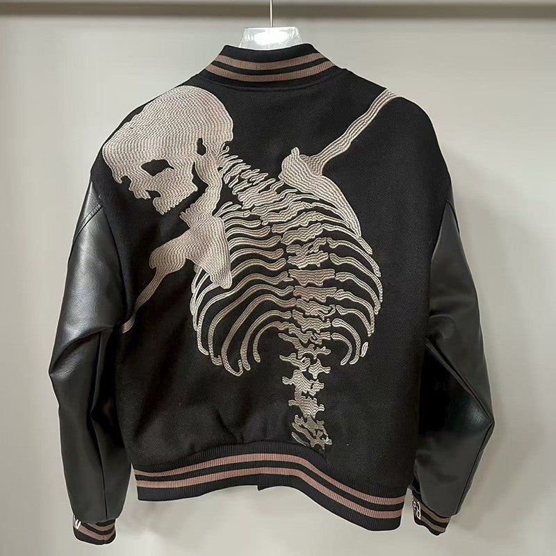 Real Photo GOD SPEED Baseball Jacket American Vintage Patchwork Leather Sleeves Unisex Embroidery Skeleton Jacket Coats