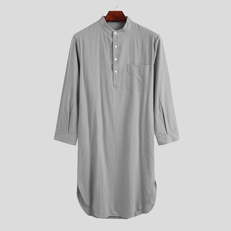 Men's Cotton Button-down Sleep Robe Solid Color Stand Neck Long Sleeve Nightgown Fashion Comfortable Home Wear Loose Bathrobe