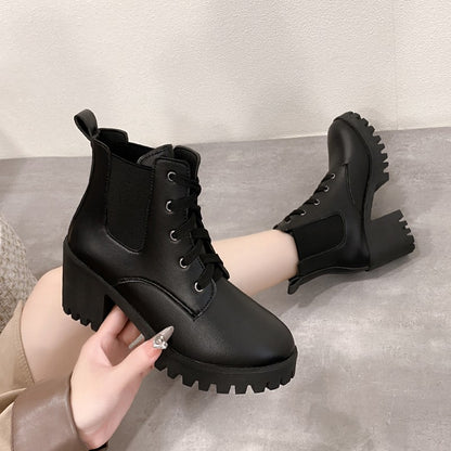 Women Retro Round Toe Chunky Heels Ankle Boots Autumn New High Heels Shoes Woman Lace Up Platform Short Booties Big Size 43
