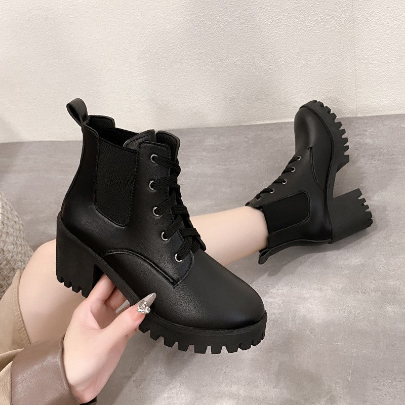Women Retro Round Toe Chunky Heels Ankle Boots Autumn New High Heels Shoes Woman Lace Up Platform Short Booties Big Size 43
