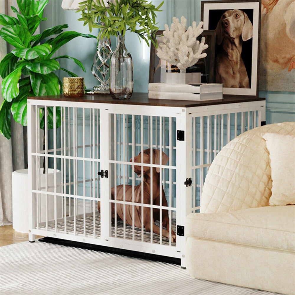 Caixa de Madeira Grande para Cães, Estilo Móvel Interno, Gaiola Elevada para Cães de Estimação, Canil, Mesa de Apoio, Cercado com Treliça, 3 Portas, Bandeja Removível