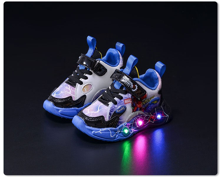 Boys Spiderman Sneakers Disney LED Children's Sport Shoes Fashion Anti-slip Kids Outdoor Shoes Student Design Pu Leather Shoes