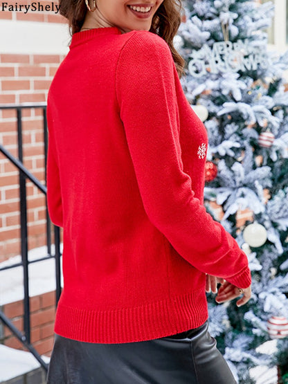 Fairyshely 2026 Autumn Winter Print O Neck Knitted Sweater Women Casual Christmas Pullover Lady Casual Long Sleeve Loose Jumper