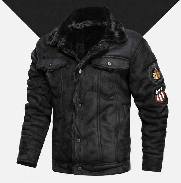 Autumn Winter Coat Men Jacket Vintage Solid Turn-Down Collar Outdoor Training Suede Zip Pocket Lamb Fleece Collar Warm Jacket