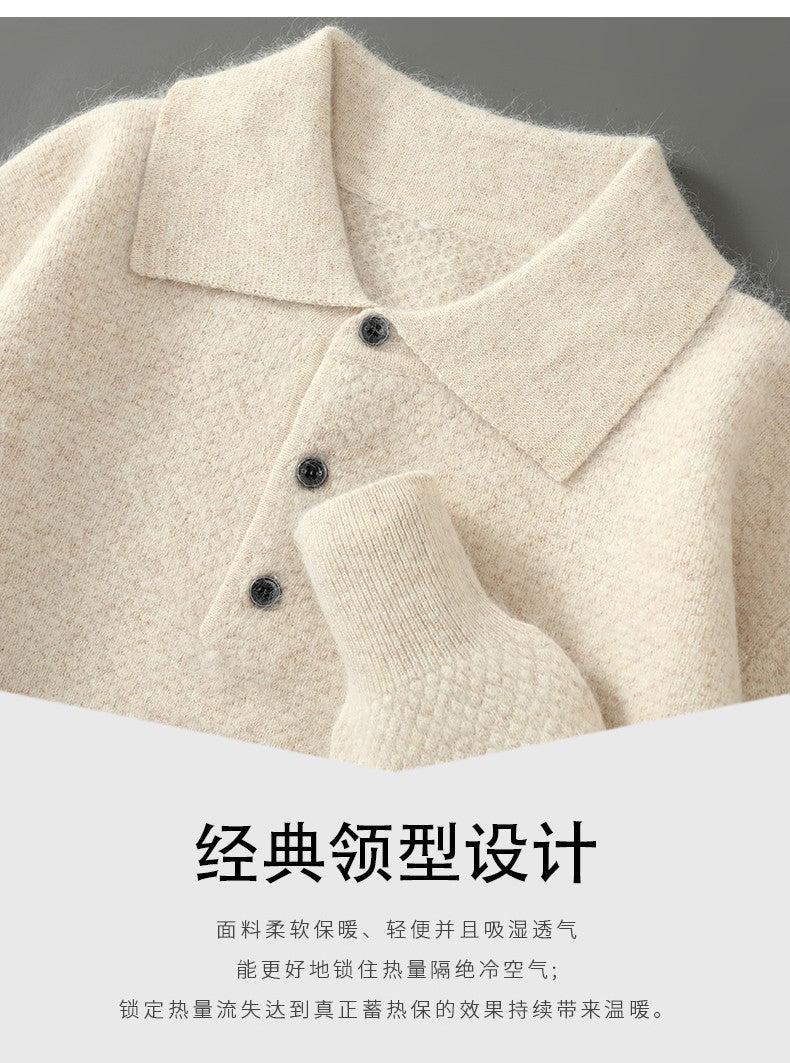 Autumn And Winter New Mink Cashmere Sweater Men's POLO Collar Thickened Loose Lapel Cashmere Long Sleeve Knit Bottoming Shirt