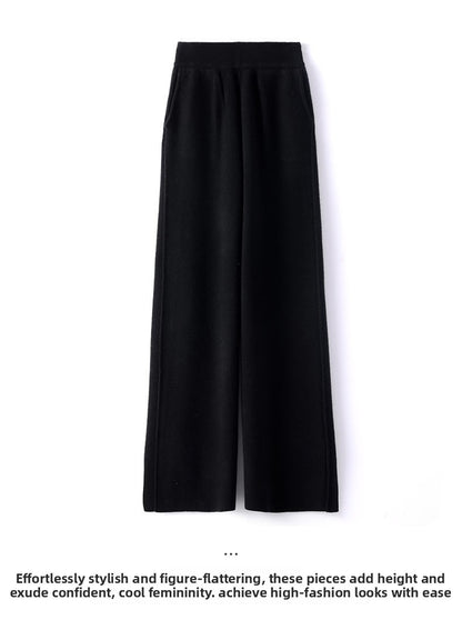 High Waist Wide Leg Woolen Pants Women's Loose Casual Black Long Trousers Autumn Fashion Elegant Commuting Style