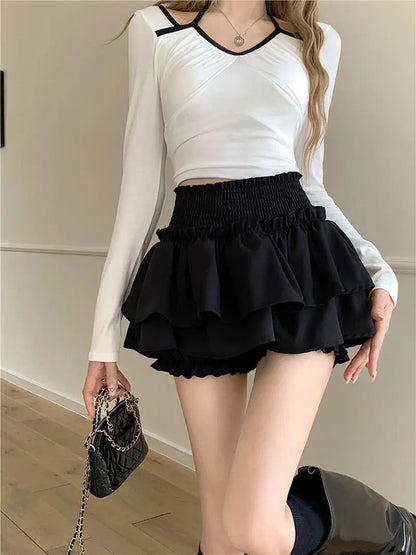 Mini Skirt Cute Sexy Balletcore Elastic High Waist Ball Gown Ruffle Patchwork Lo