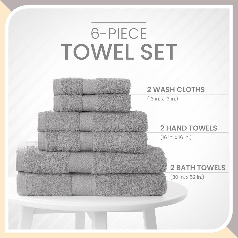 6-Piece Quick Dry Cotton Towel Set | Super Absorbent & Soft | 2 Bath, 2 Hand, 2 Wash Cloths in Silver