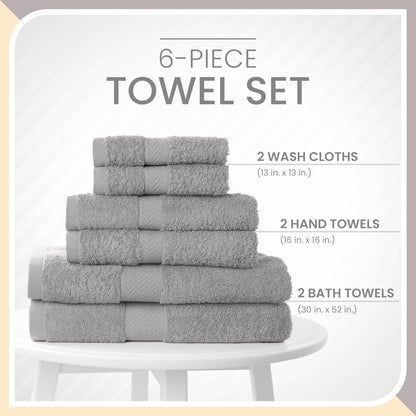 6-Piece Quick Dry Cotton Towel Set | Super Absorbent & Soft | 2 Bath, 2 Hand, 2 Wash Cloths in Silver