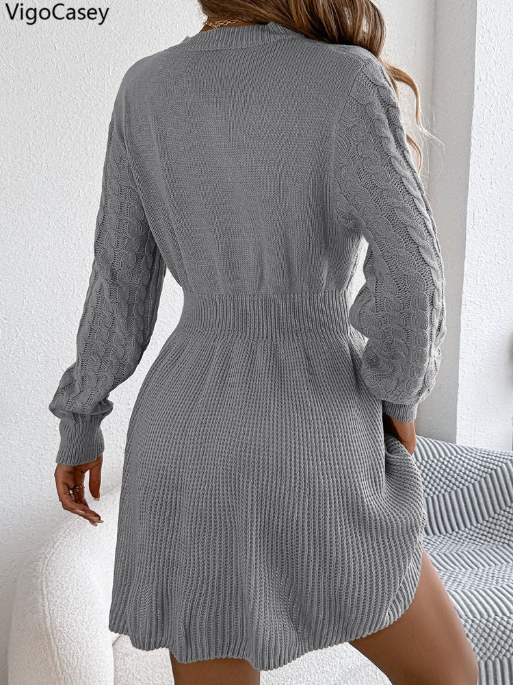 VigoCasey 2025 Grey O Neck Casual Knit Dress Women Solid Long Sleeve Short Dress Autumn Winter Lady Bodycon Knitted Dresses