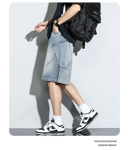 Summer New Baggy Denim Shorts Fashion Casual Straight Harajuku Jeans Male Vintage Wash Drawstring Short Pants Streetwear