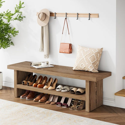2 Tier Entryway Bench, 47.24" Shoe Bench, Rustic Shoe Rack, Wooden Storage Bench for Entryway Hallway Living Room Bedroom, Easy