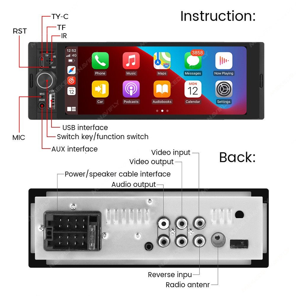 MEKEDE 1Din 6.86 polegadas Carplay Android Auto Rádio Automotivo Universal Reprodutor Multimídia com BT FM Estéreo USB Tipo-C Câmera Unidade Principal
