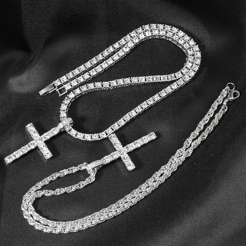 Colar com Pingente de Cruz Iced Out Hip Hop Alça Corrente de Tênis de Zircônia de 4mm Masculino Feminino Colar Brilhante Joia Punk Presente de Moda