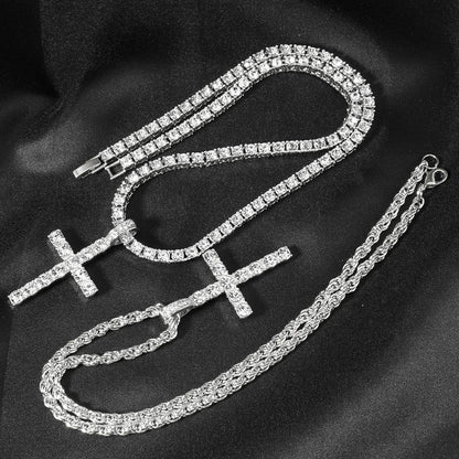 Colar com Pingente de Cruz Iced Out Hip Hop Alça Corrente de Tênis de Zircônia de 4mm Masculino Feminino Colar Brilhante Joia Punk Presente de Moda