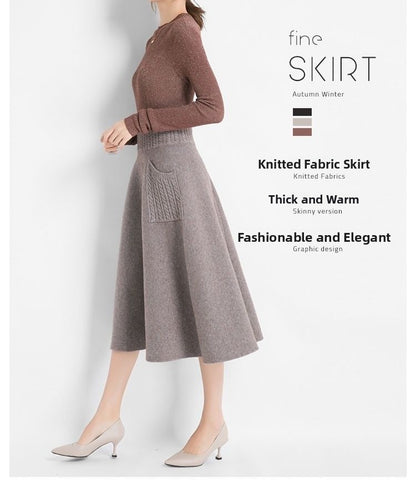 Autumn Winter Women's Mid-Length Knitted Pleated Skirt High Waist A-Line Long Skirt Loose Fuzzy Wool Skirt Double ket