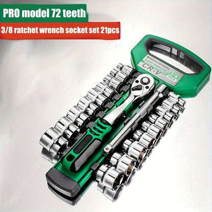 Jogo de Soquetes 72 Peças 1/4"-3/8"-1/2", Chave Catraca Compacta para Reparo Automotivo e Mecânico