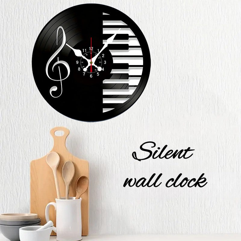 Music Notes Wooden Round Silent Hanging Wall Clock, Suitable For Living Room, Office, Study Room, Bedroom, Home Decoration
