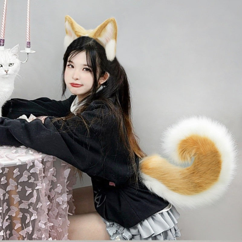2025 New Halloween Simulated Furry Dog Ear Hairband Lolita Realistic Tail Set Cute Animal Plush Dog Tail Cosplay Props