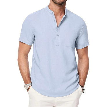 Men's Henley Neck T-shirt Cotton Linen Button Pocket  Tees Casual Short Sleeve Vacation Beach Style Solid Color Lightweight Tops