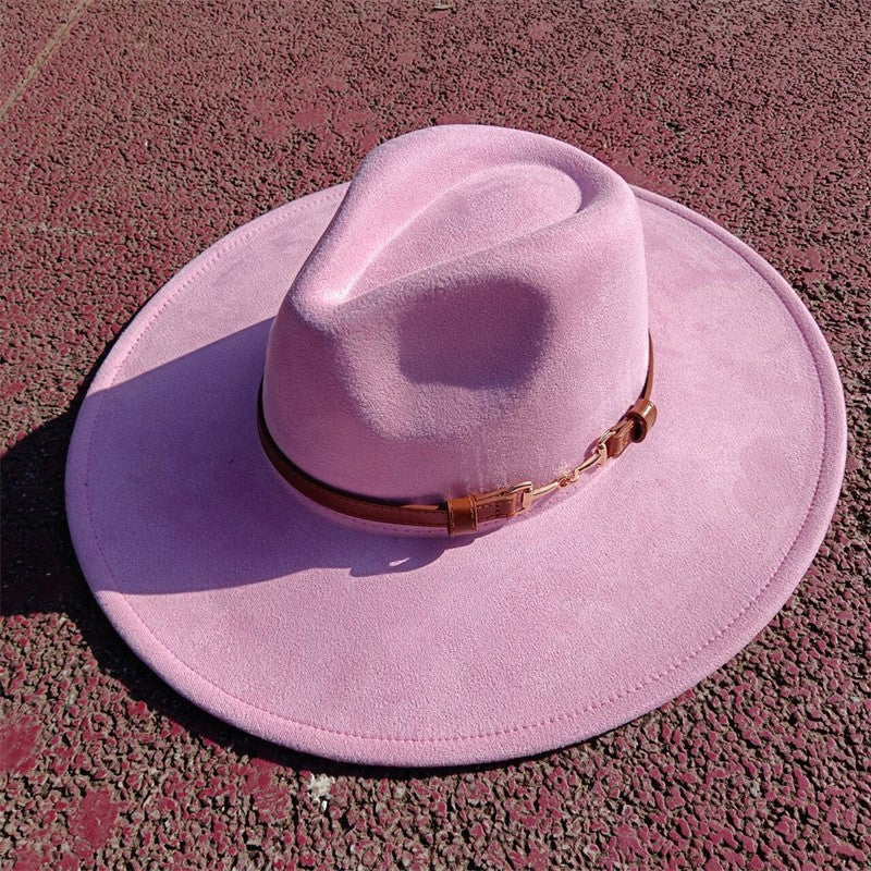 Suede fedora hat with same color accessories teardrop top wide brim hat for men and women Panama hat chapeau homme   sombrero