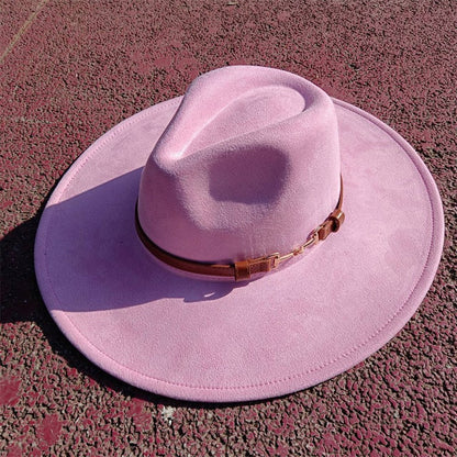 Suede fedora hat with same color accessories teardrop top wide brim hat for men and women Panama hat chapeau homme   sombrero