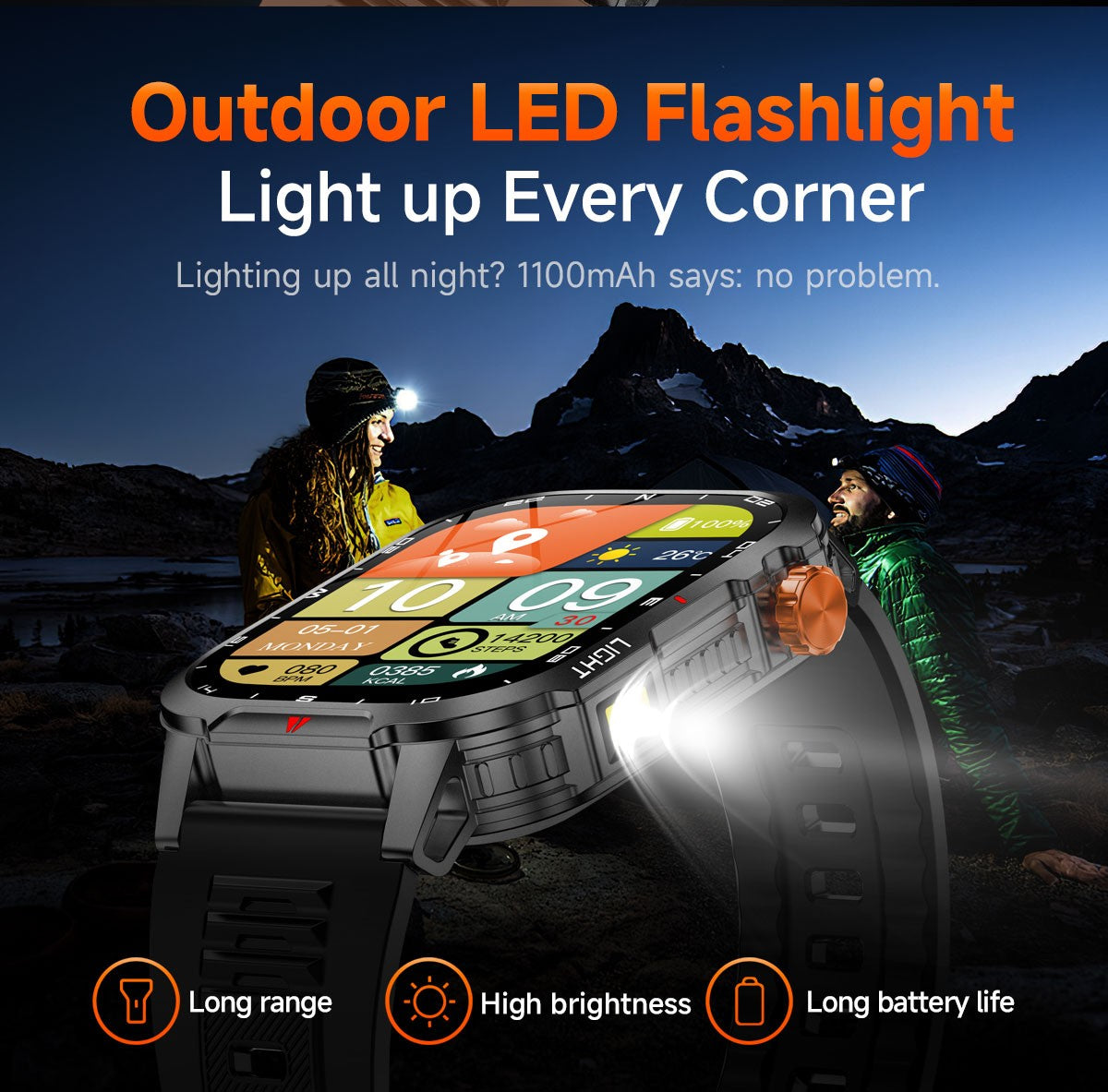 Novo Smartwatch Global 2.01 Polegadas Bateria Grande de 1100mAh Luz LED Bússola Masculino Relógio Esportivo Outdoor Assistente de Voz Chamada Sem Fio