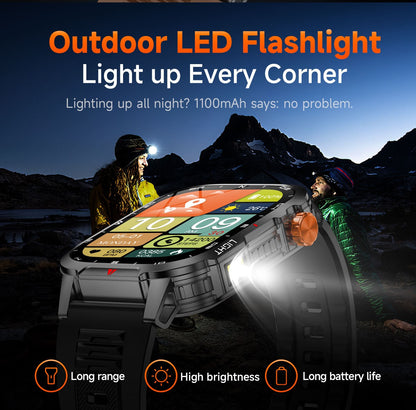 Novo Smartwatch Global 2.01 Polegadas Bateria Grande de 1100mAh Luz LED Bússola Masculino Relógio Esportivo Outdoor Assistente de Voz Chamada Sem Fio