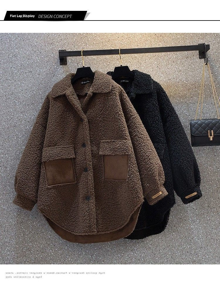 Plus Size Plus Size Women's Autumn Winter Thickened Lamb Fur Jacket Chic Hong Kong Style Design Slimming Outerwear Street Trend