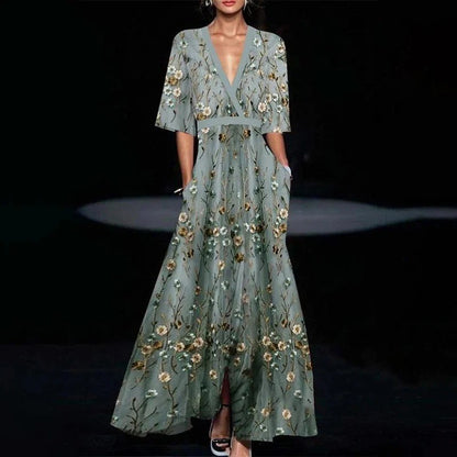 Women Fashion 2024 Spring V Neck Belted Party Long Dress Sexy Printing A-Line Bo