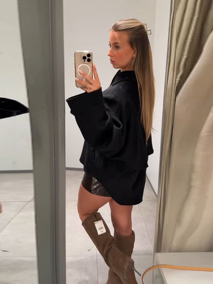 Woolen Zipper Loose Short Jacket Women Long Sleeve Lapel Solid 2025 Autumn Winter Commute Coat Street Office Warm Ladies Outwear