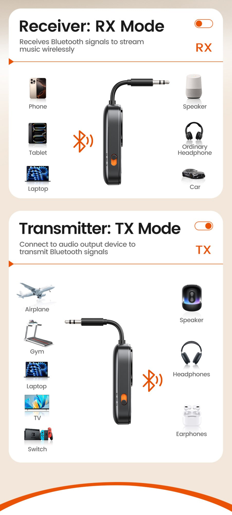 Adaptador Transmissor Receptor de Áudio Bluetooth 5.4 Toocki RT/TX 2 em 1 para TV Fones de Ouvido Carros Voos Dongle Bluetooth AUX 3.5mm