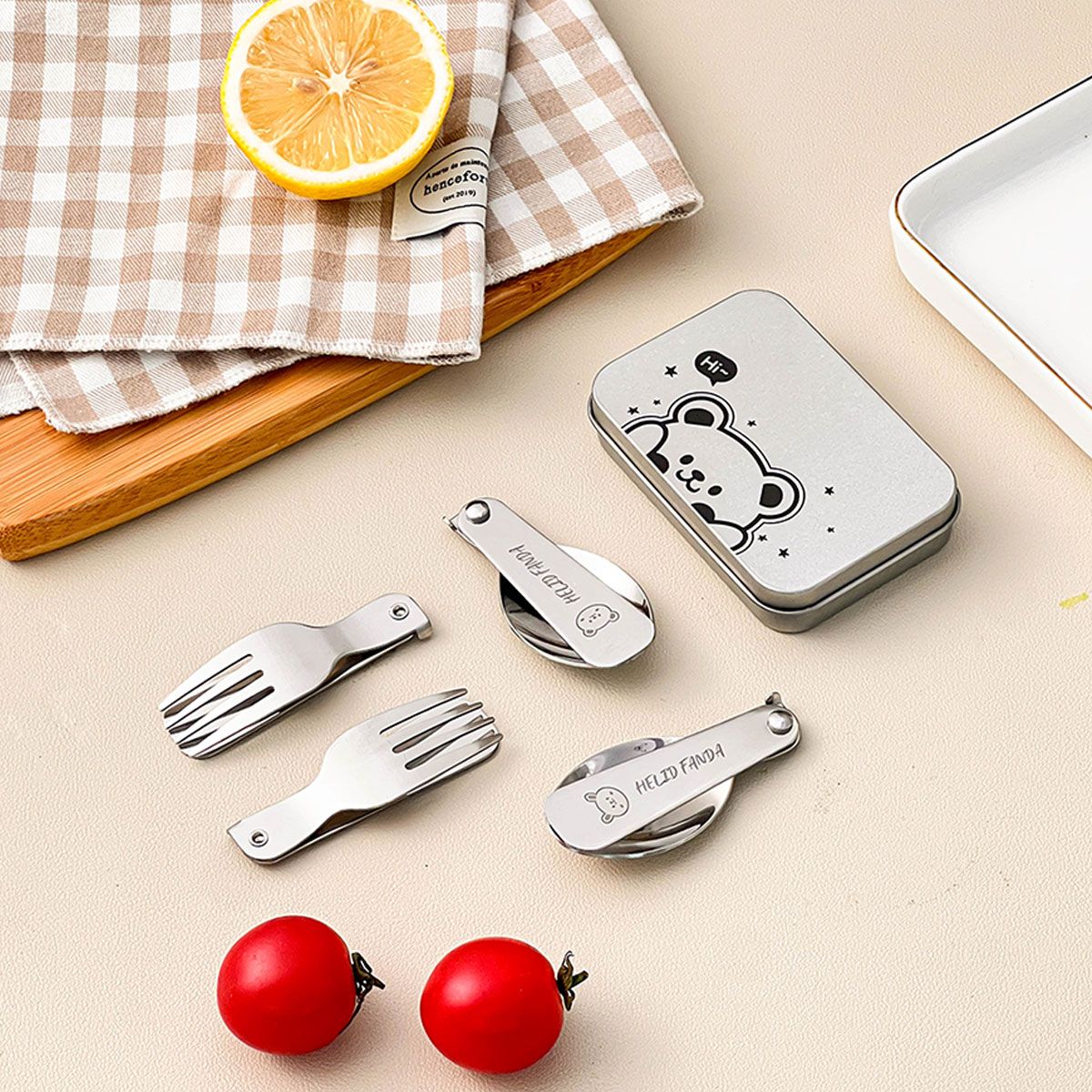 WORTHBUY 3Pcs/Set Portable Foldable Dinnerware Set 304 Stainless Steel Folding Fork Spoon With Cutlery Box Cute Picnic Tableware