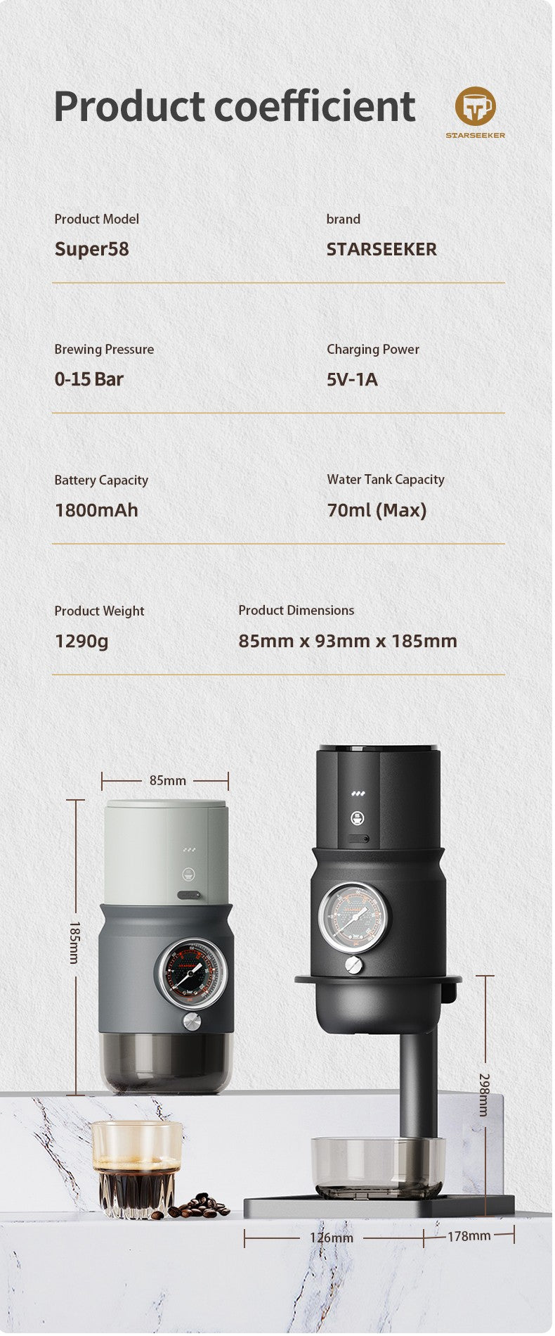 Cafeteira Expresso Elétrica Portátil STARSEEKER Super58 Máquina de Café de Viagem para Camping com Suporte para Tamper USB-C