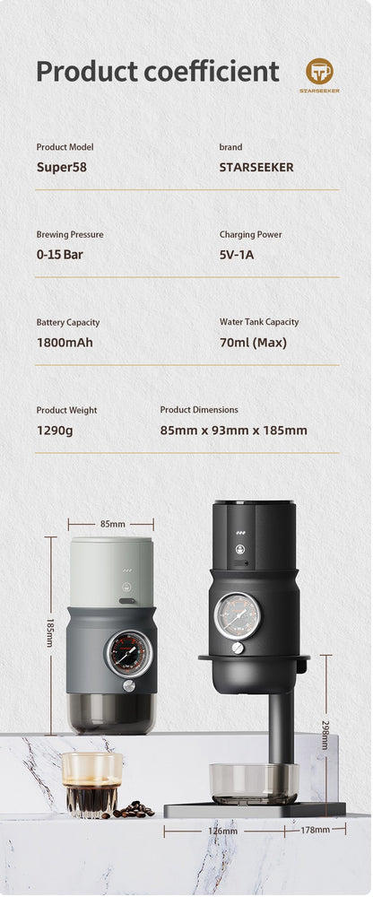 Cafeteira Expresso Elétrica Portátil STARSEEKER Super58 Máquina de Café de Viagem para Camping com Suporte para Tamper USB-C