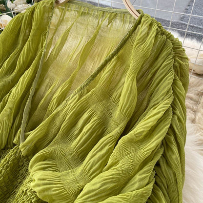 Summer Sexy Draped Chiffon Blouse For Women Elegant V-Neck Puff Long Sleeve Short Tops Female Slim Party Shirts 2022 New Fashion