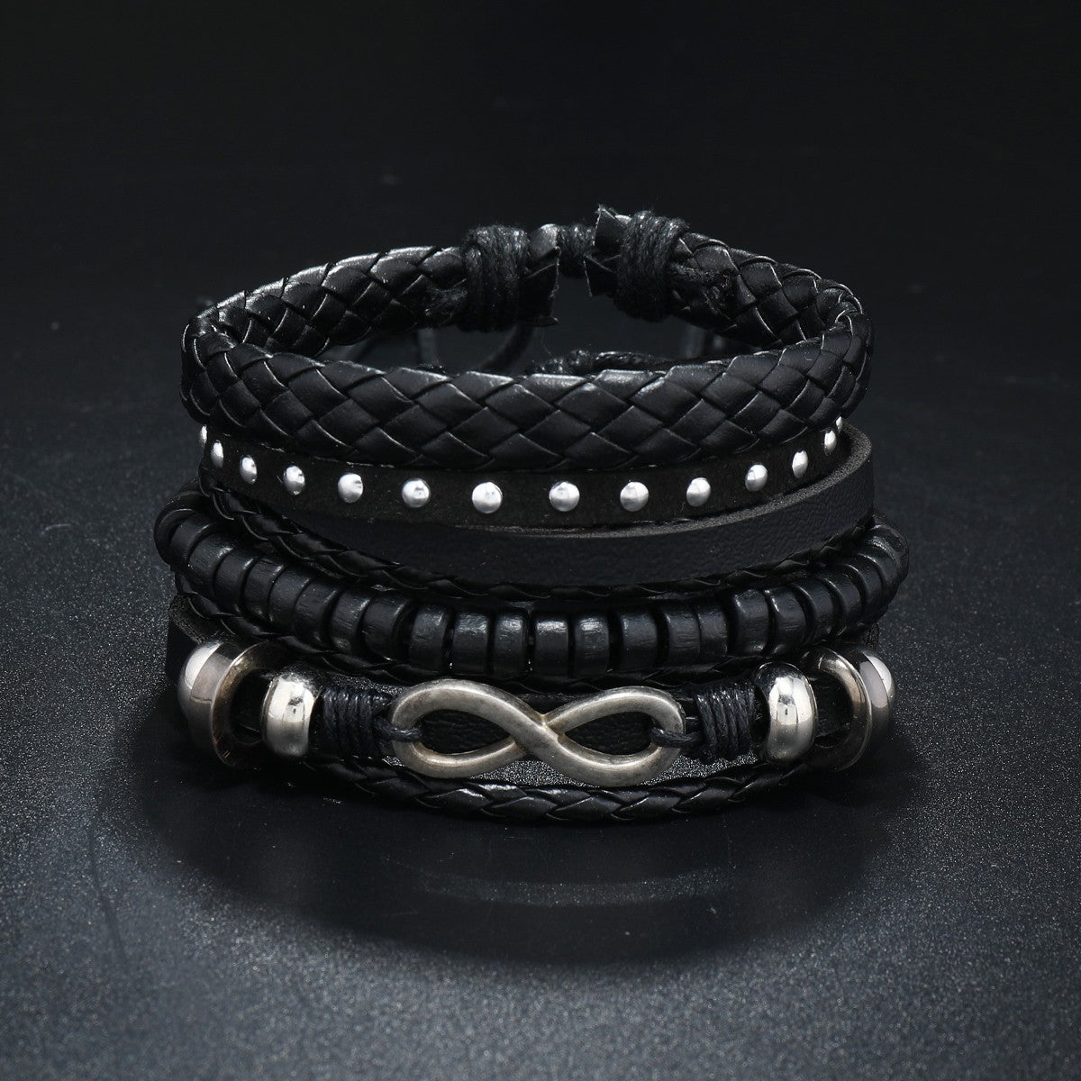 Conjunto de 4 Pulseiras Masculinas Trançadas de Couro com Fecho, Vintage Árvore da Vida Leme, Miçangas de Madeira, Étnicas Tribais, Bracelete de Corda
