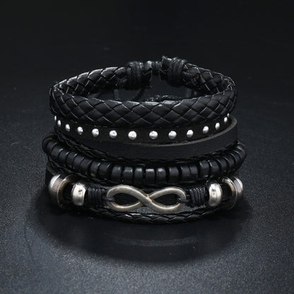 Conjunto de 4 Pulseiras Masculinas Trançadas de Couro com Fecho, Vintage Árvore da Vida Leme, Miçangas de Madeira, Étnicas Tribais, Bracelete de Corda