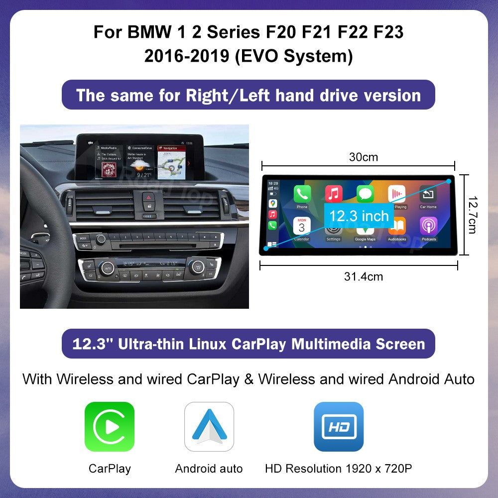12.3inch Ultra Thin Screen For BMW 1/2/3/4 Series F20 F21 F22 F23 F30 F31 F33 F36 CIC/NBT/EVO Wireless CarPlay Multimedia Radio