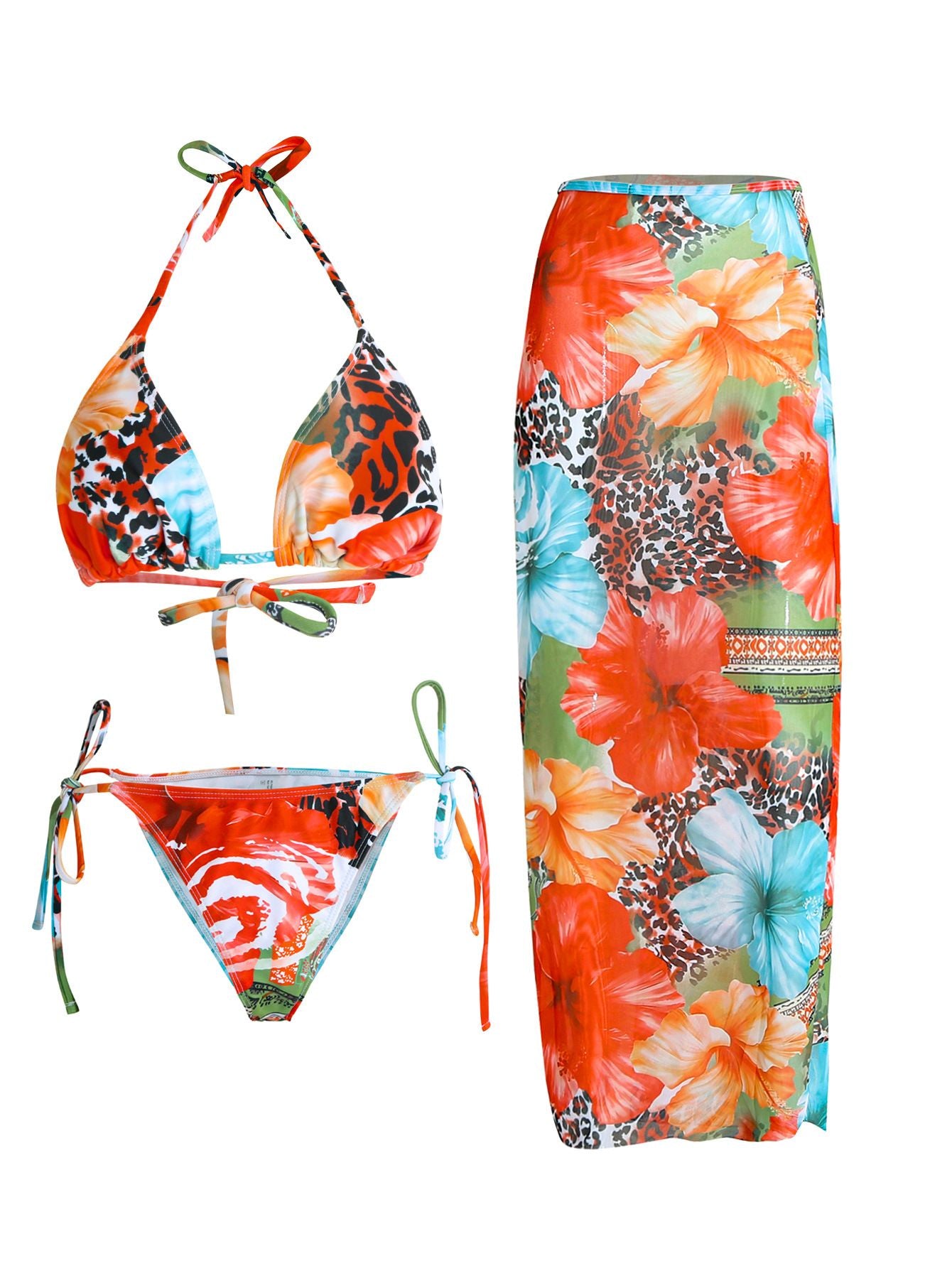 2025 New Flower Print Bikini Set Women's High Waist Long Skirt 3 Piece Swimsuit Sexy Mini Triangle Backless Thong Bathing Suit