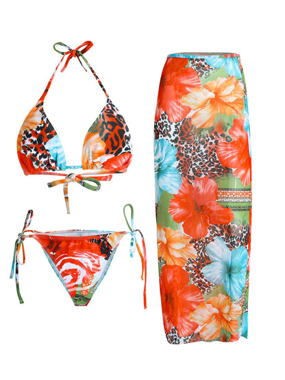 2025 New Flower Print Bikini Set Women's High Waist Long Skirt 3 Piece Swimsuit Sexy Mini Triangle Backless Thong Bathing Suit